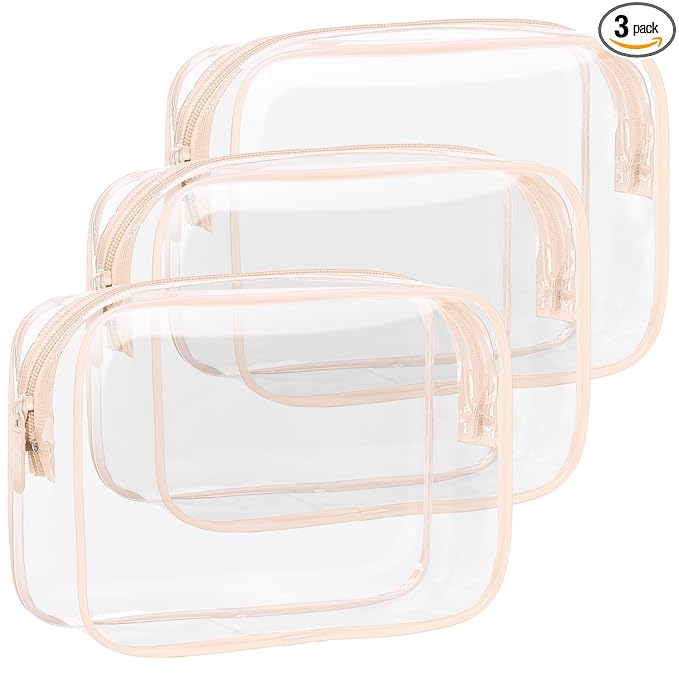 F-color TSA Approved Toiletry Bag 3 Pack Medium - Clear Makeup Bag Travel Quart Size for Women Men, Clear Cosmetic Bag Airport Airline Compliant Carry on Bag, Pink