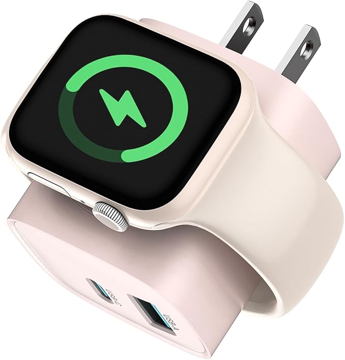 Charging Blocks for Apple Watch, 3-in-1 PD 20W USB C Charger Block with Built-in Wireless Watch Charging, Dual Ports Wall Charger Compatible with iPhone,AirPods,iWatch,Pink