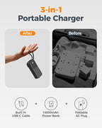 TESSAN Portable Charger Power Bank 10000mAh, 30W USB C Battery Pack Built in USB C Cable with Foldable Wall Plug, 3 in 1 Portable Phone Charger Compatible with iPhone 17/16/15 Series, Samsung, Travel