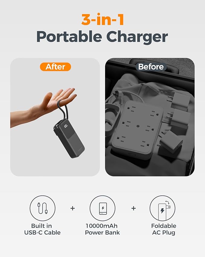 TESSAN Portable Charger Power Bank 10000mAh, 30W USB C Battery Pack Built in USB C Cable with Foldable Wall Plug, 3 in 1 Portable Phone Charger Compatible with iPhone 17/16/15 Series, Samsung, Travel