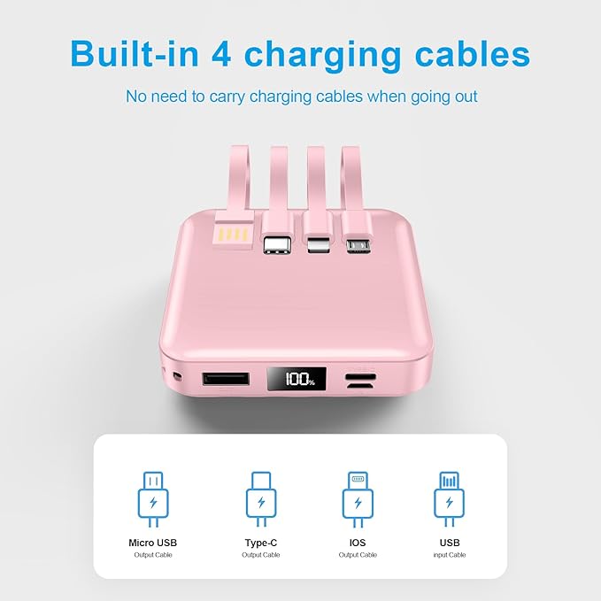 ummz Portable Charger with Built-in Cable,12000mAh 22.5W Fast Charging Small Power Bank,USB C Input/Output with Smart LED Display,External Battery Pack for iPhone,Tablet,Samsung