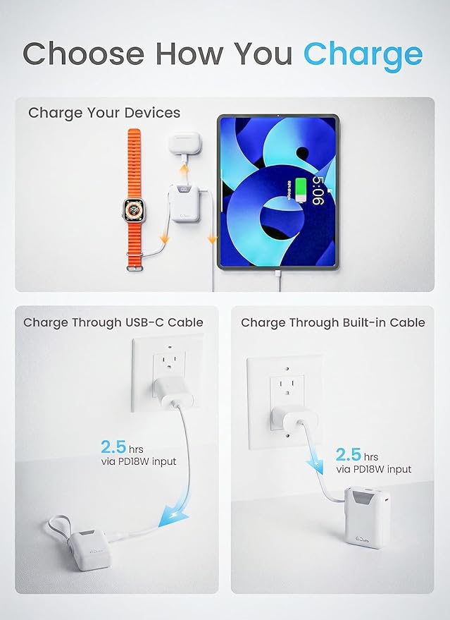 M1 Mini Portable Charger, 10000mAh Ultra-Compact Power Bank, 22.5W PD Fast Charging, Tpye-C Built-in Cable, Small External Battery Pack for iPhone, Samsung, Android iPad (White)