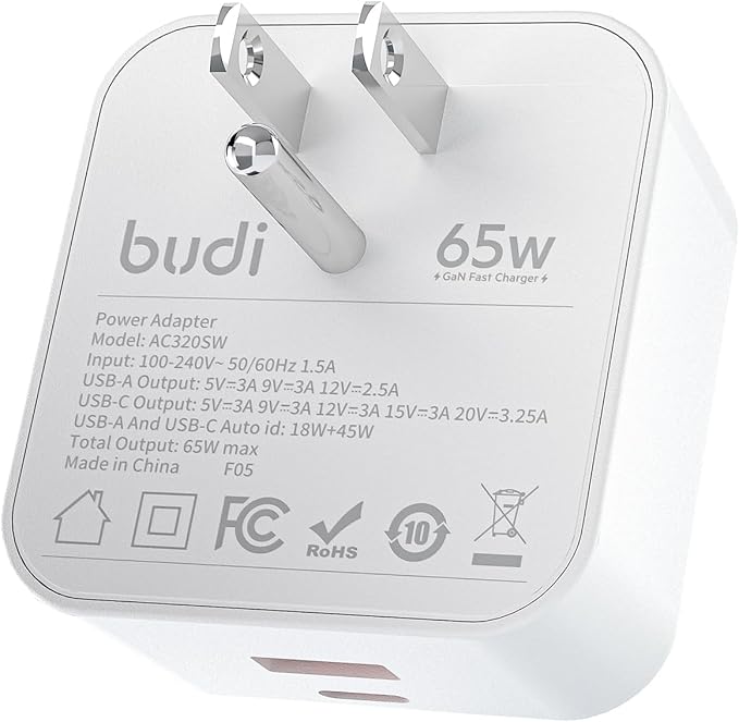 BUDI Flat USB C Wall Charger, 65W 2-Port Slim USB Wall Charger, Fast Charging Block with 45W Type-C Power Delivery and 20W Type-A for Computer/iPhone 17/16/15/14/13/12/11/Pro Max/XS/XR/8/7,Tablets