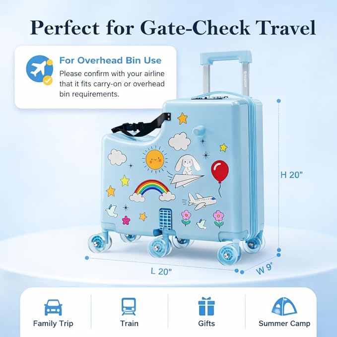 Ride on Suitcase for Kids, Hard Shell Kids Luggage with Belt, Foldable Pedal & Front Grab Handles, Hidden Cup Holder, TSA Lock, 6 Spinner Wheels, Kids Carry on Suitcase for Travel, Blue