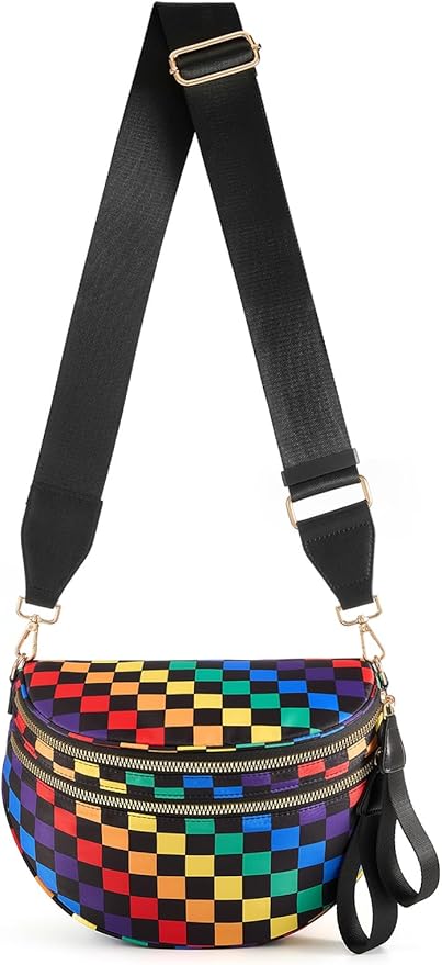 Black and White Checkered Crossbody Bag Bum Bag for Women,Spacious Checkered Purse Fanny Packs Belt Bag