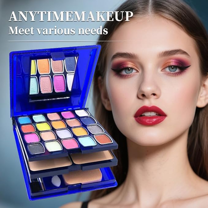 Badhare Eyeshadow Lipstick Blusher Makeup Box 20 Color Eyeshadow Palette 5 Lipstick 5 Blusher Set Full Face Makeup Kit with Cosmetic Mirror,Blush, Highlighter, Brushes & Sponge Personal Makeup Set