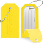 BlueCosto - Luggage Tags - Large, Yellow, 5 PK - PVC Suitcase Tags w/Privacy Cover & Stainless Steel Wire Loops - Personalized Baggage Identifiers for Travel - Backpack Name Labels