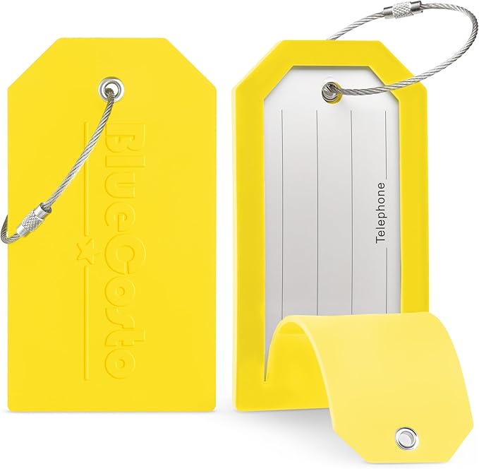 BlueCosto - Luggage Tags - Large, Yellow, 5 PK - PVC Suitcase Tags w/Privacy Cover & Stainless Steel Wire Loops - Personalized Baggage Identifiers for Travel - Backpack Name Labels