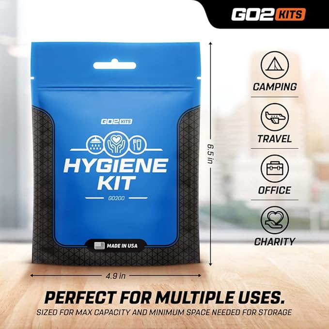 Ultimate Travel Toiletry & PPE Kits, Hygiene Kit with Shaving Supplies & PPE for Travel, Business & Charity with Reusable Toothbrush, Bath Soap & Other Essential Toiletries, 1-Pack (GO200)