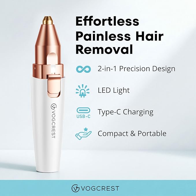 Rechargeable Eyebrow and Facial Hair Remover for Women - 2 in 1 Razor with Built-in LED Light for Painless Hair Removal