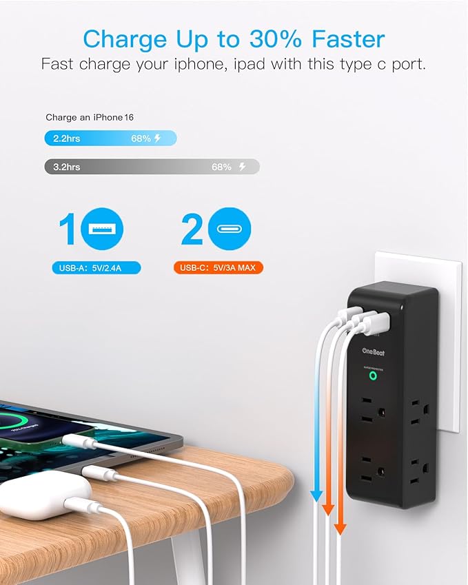 Surge Protector Outlet Extender with Rotating Plug, 6 AC Multi Plug Outlet with 3 USB Ports (2 USB C), 1800J Wall Charger Swivel Power Adapter with Spaced Outlet Splitter for Home Office Dorm, Black