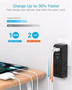 Surge Protector Outlet Extender with Rotating Plug, 6 AC Multi Plug Outlet with 3 USB Ports (2 USB C), 1800J Wall Charger Swivel Power Adapter with Spaced Outlet Splitter for Home Office Dorm, Black
