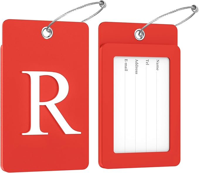 Gostwo 2 Pack Luggage Tags for Suitcases, 26 Initial Letter Travel Luggage Baggage Identification Labels ID Tag Fully Bendable Tags with Stainless Steel Loop (Red) (Letter R)