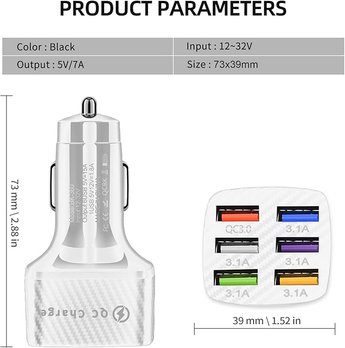 Amiss Car Charger Adapter, 6 USB Multi Port, Fast Charger, Include QC 3.0 and 5 Other Ports, Car Interior Accessories, Fit for iPhone 13/12/11/pro, Samsung Galaxy/Note S10/S9/S8 - White（2PCS）