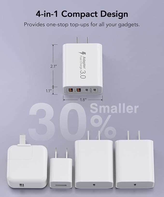 [2-Pack] 40W USB C Charger Block, 4-Port Type C Fast Charging Brick Dual PD&QC Wall Plug Adapter Compatible for iPhone13/14/15/16/17 Pro/Pro Max/iPad, Airpods, iwatch, Samsung Galaxy (White)