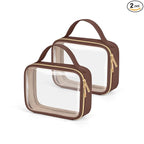 Wedama TSA Approved Toiletry Bag, 2 Pack Clear Makeup Bags with Handles, Quart Size PVC Clear Cosmetic Bags for Women and Men, Carry on Airport Airline Compliant Bag, Brown