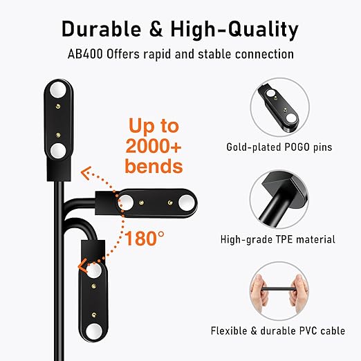 Audiovance 2-Pack AB400 Reversible Smartwatch Charger – Innovative Magnetic Charging Cable, Solves Polarity Mismatch, Universal for All 4.0mm-Pin-Pitch Smart Watches