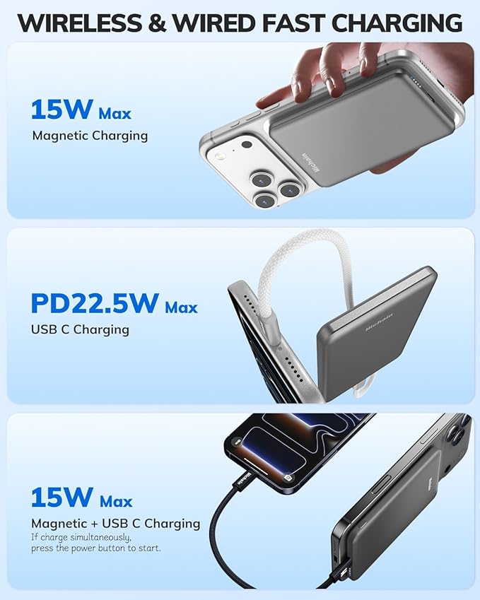 Hichain Magnetic Portable Charger for iPhone, Wireless Power Bank 5000mAh Magnetic Charger for iPhone 17 16 15 14 13 12 Series, Magnetic Safe Charging with 60W USB C Charge Cable - Dark Grey