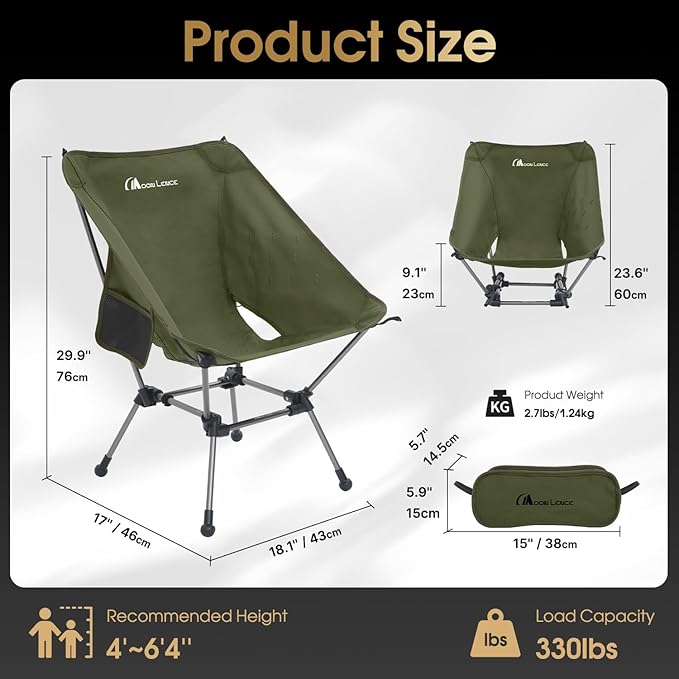 MOON LENCE Portable Camping Chair Plus, Larger & Roomier, Compact and Lightweight Still, Folding Chair for Backpacking & Hiking, 330Lbs Capacity (Moss Green)
