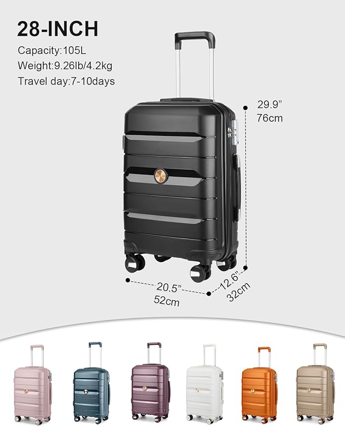 Somago 28 Inch Luggage With Spinner Wheels Hard Shell Polypropylene Suitcase with TSA Lock and YKK Zipper,Classic Black