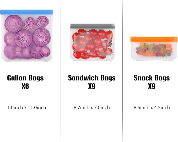 Lerine 9 Pack Reusable Sandwich Bags Dishwasher Safe, BPA Free Food Storage Bags, Extra Thick Leakproof Reusable Quart Bags for Marinate Meats, Cereal, Sandwich, Home Organization