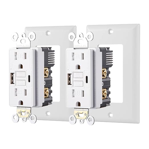 15 Amp Self-Test GFCI Outlet Combination with USB Type A and Type-C, Tamper Resistant Thinner Duplex Outlet, in-Wall, USB Charger for Smartphones, Tablets, Black, 2-Pack