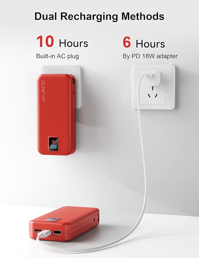 Portable Charger, 20000mAh 22.5W Fast Charging Power Bank with Built-in Cables & Wall Plug, Travel Essentials Battery Pack with LED Display, USB C External Battery Bank for iPhone iPad, Samsung Red