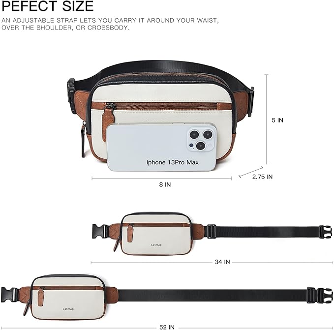 LATMAP 2L Fanny Packs Everywhere Belt Bag Small Fashion Crossbody Waist Pack Faux Leather Waterproof Sling Chest Bag For Women Black White