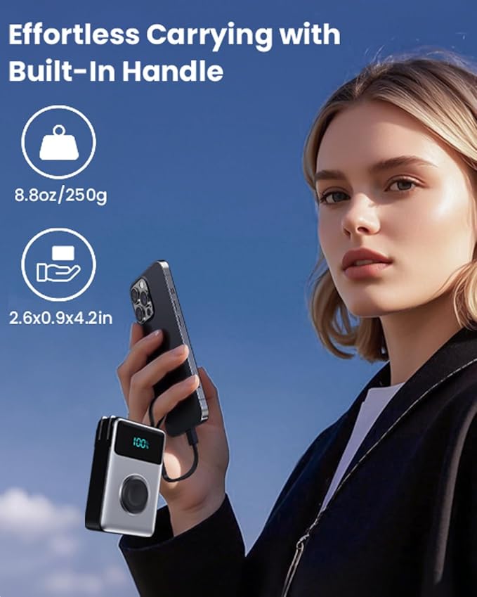 4-in-1 Portable Charger With Built-in Wall Plug&USB-C Cables,10800mAh Power Bank with iWatch Charger,QC4.0+PD 25W Fast Charging Battery Pack,Travel Essentials for iPhone 17/16,Apple Watch,Android etc