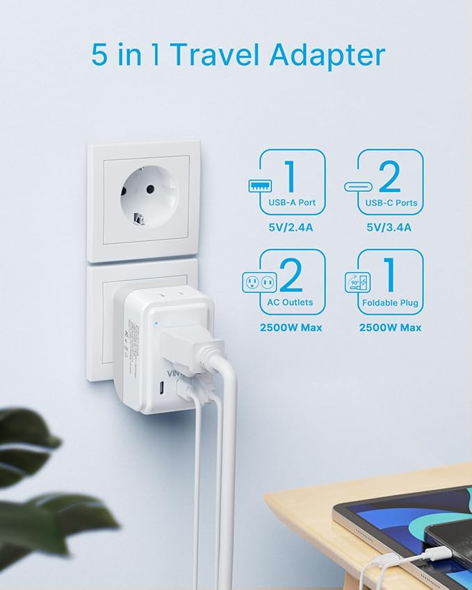 1 Pack European Travel Plug Adapter, VINTAR Foldable International Power Plug with 2 AC Outlets 3 USB Ports(2 USB C), Type C Travel Essentials Charger for US to Most of Europe EU Italy Spain France
