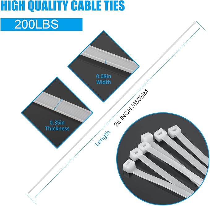 Armpow 26 inch White Zip Ties Heavy Duty 60 PCS, 200 LBS Ultra Exclusive Strong Plastic Wire Ties, Large Cable Ties Extra Long Tie Wraps, Indoor and Outdoor UV Resistant