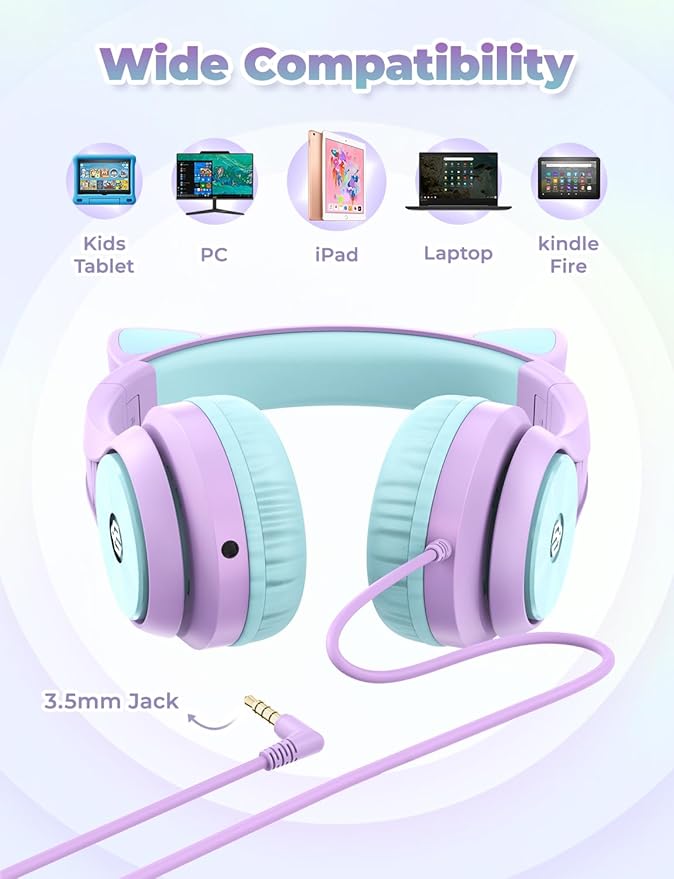 iClever Cat Ear Led Light Up Kids Headphones with Microphone, HS20 Wired Headphones -Shareport- 94dB Volume Limited, Foldable Over-Ear Headphones for Kids/School/iPad/Tablet/Travel (Medium, Purple)
