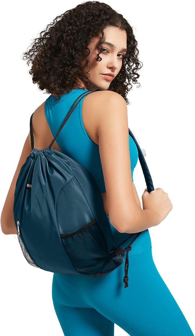WANDF Drawstring Backpack with Shoulder Pad Sports Gym Backpack with Mesh Pocket String Bag for Women Men (Blue-Green)