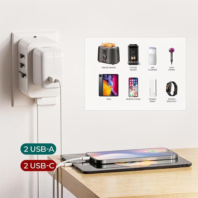 oviitech Universal Travel Adapter, International Power Adapter with 2 USB-C and 2 USB-A Ports, 70W Worldwide Travel Wall Charger for UK,Europe,USA,Australia.White.
