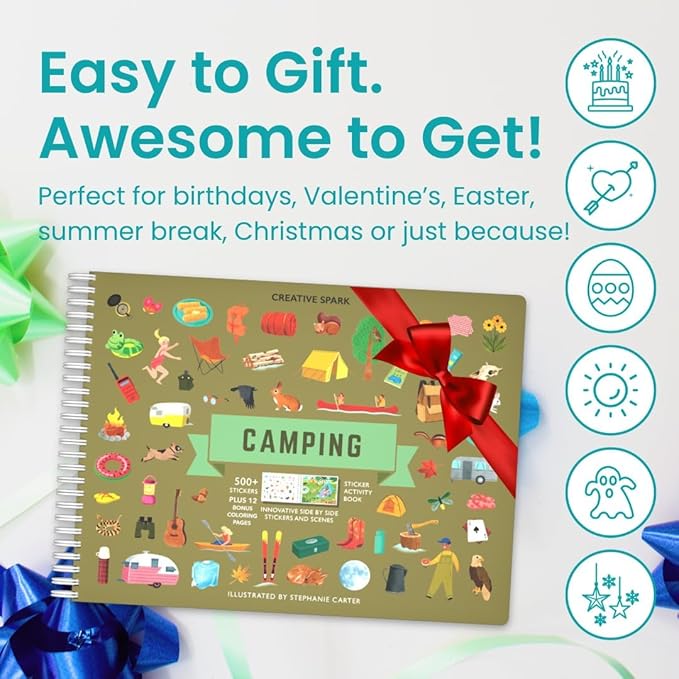 Camping 500+ Kids Sticker Book by Cupkin Fun Toddler Travel Activity Coloring and Sticker Book, Road Trip Essentials, 12 Coloring Pages + 12 Side by Side Scenes for Ages 2–8 Years
