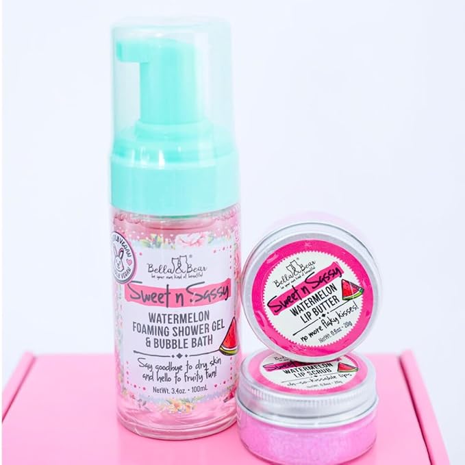 Bella & Bear Sweet 'n' Sassy Mini Spa Gift Set for Women & Teen Girls – Bath & Body Travel Gift Set with Shower Gel, Body Scrub, Lip Scrub & Lip Butter