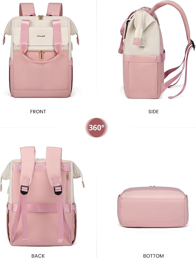LOVEVOOK Laptop Backpack for Women, 15.6 Inch Work Laptop Bag with USB Port, Fashion Teacher Nurse Backpack Purse, Waterproof Travel Computer Backpack with Organizer Bag, 2PCS, Beige-Pink