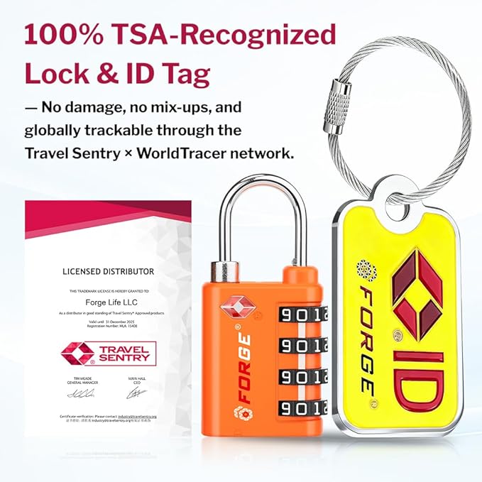 Forge Dual-Opening: Key or Combination Lock, TSA Approved Lock for Luggage, Pelican case, Travel, Gym, School, Luggage Combination Lock, Travel Bag Lock (Orange 2 Locks and 2 ID)