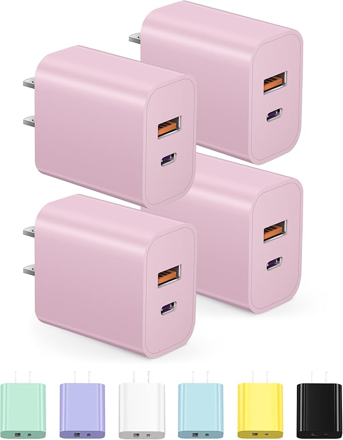 USB C Charger Block Charging Block Type C Charge 20W Wall Chargers 4 Pack for iPhone 16/16 Plus/16 Pro/16 Pro Max/iPhone 15/15 Pro/15 Pro Max/14/13/12 Pro/Samsung//Android(Pink)