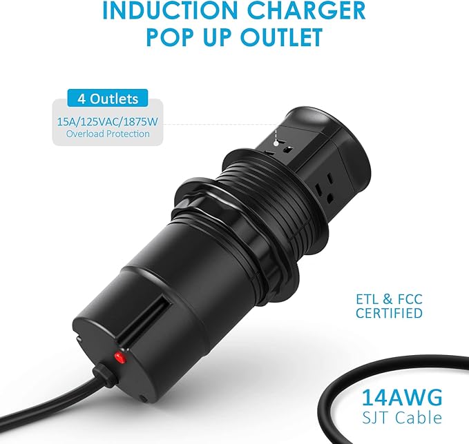 Jgstkcity Pop Up Outlet with 15W Wireless Charger,4 Outlets 15A, Splash Resistant,3 inch Desk Hole Power Grommet,Space Saver Outlet for Kitchen Countertop,Office Conference Table,ETL Listed (Black)