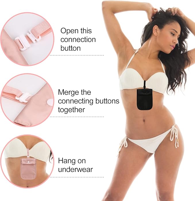 Travel Bra Wallet for Women Hidden Bra Wallet for Travel Under Clothes Secret Pouch(Black, Pink)