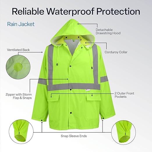 Global Glove FrogWear GLO-8000 Unisex High-Visibility Rain Suit, Lightweight Three-Piece Rain Gear with Waterproof Jacket, Bibs, and Detachable Hood – Neon Yellow, 5X-Large