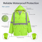 Global Glove FrogWear GLO-8000 Unisex High-Visibility Rain Suit, Lightweight Three-Piece Rain Gear with Waterproof Jacket, Bibs, and Detachable Hood – Neon Yellow, 5X-Large