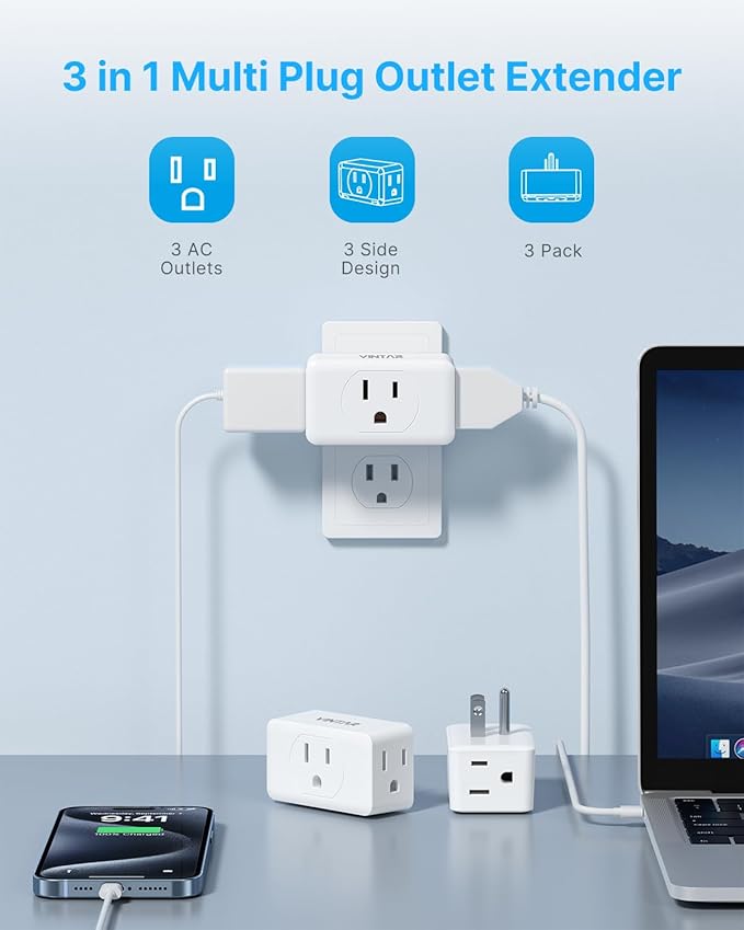 Multi Plug Outlet Extender, VINTAR 3 Outlet Adapter, Multiple Outlet Splitter, Grounded Wall Tap Adapter, Power Plug Expander for Travel Home Office Dorm, 3 Pack