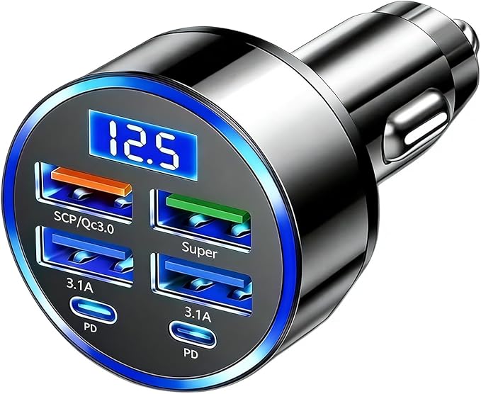 USB C Car Charger Adapter with Voltmeter Compatible with iPhone 16 15 14 13 12 11, Android, Samsung, 120W 6 in 1 Multi-Port Super Fast Charging Cigarette Lighter USB Charger