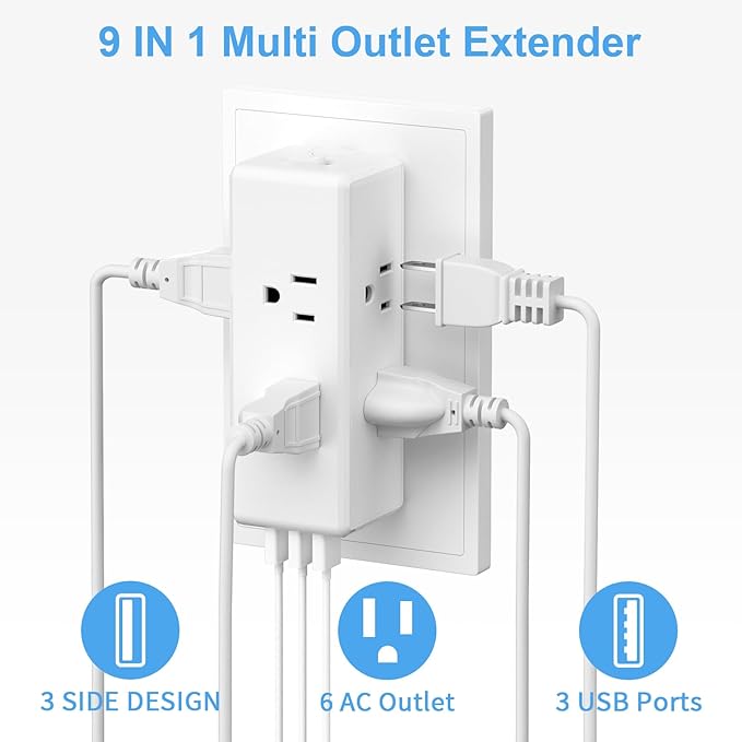Multi Plug Outlet Extender with 6 Outlets & 3 USB Ports - MKSENSE Surge Protector Outlet Plug Adapter, Multi Plug Wall Outlet, 3-Sided Spaced Design for Home Office Travel (White)