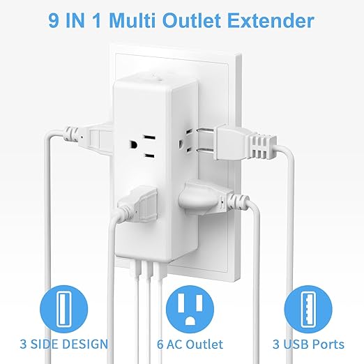 Surge Protector Outlet Extender, 6 AC Outlets & 3 USB Ports (3.1A), 2700J ETL Listed, Triple-Sided Wide-Spaced, 1875W 15A, Flame Retardant ABS+PC, for Home Office Kitchen Bedroom (White)
