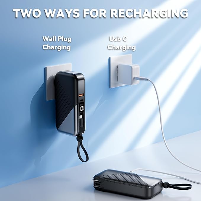 Portable Charger with Wall Plug 10000mAh Power Bank for iPhone 27W Portable Charger with Built in Cable Portable Phone Charger for iPhone 17/16/15, Samsung Android, Black