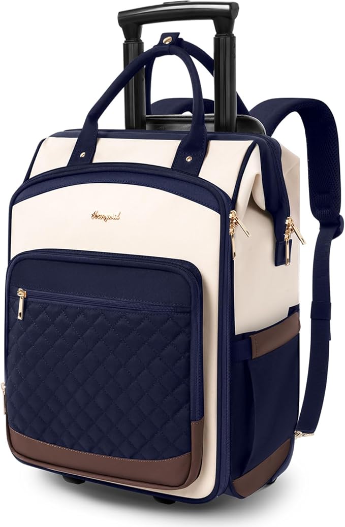Rolling Backpack for Women, Travel Backpack with Wheels, Vertical Storage Wheeled Laptop Backpack, Backpack on Wheels for College Business Work Overnight, Stylish Rolling Laptop Bag, Navy Blue