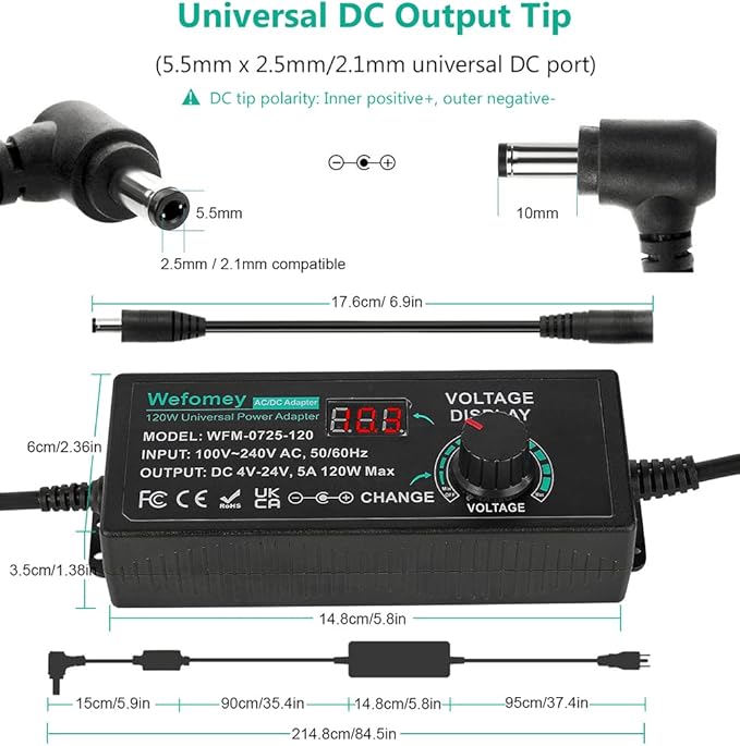120W Universal Power Supply Adjustable DC 3V ~ 24V Variable Switching AC/DC Adapter 100V-240V AC to DC 24V 5A Converter with 14 Tips & Polarity Converter - 5000mA Max